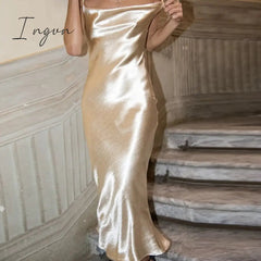 Ingvn - Summer Dresses For Women Sexy Spaghetti Strap Backless Summer Dress Women Satin Lace Up Trumpet Long Dress Elegant Bodycon Party Dresses