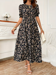 Blossoming floral print dress - Romantic Puff Sleeves & Shirred Bodice - Perfect for Spring/Summer - Flattering Crew Neck - Stylish Womens Casual Wear