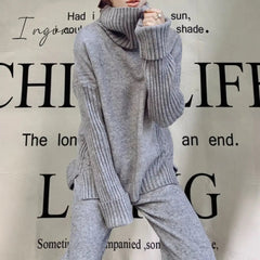 Ingvn - sweater set women tracksuit spring autumn knitted suits 2 piece set warm turtleneck sweater pullovers wide legs pants