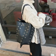 Ingvn - Designer Rivets Large Bucket Bags Women Purses and Handbags Female High Quality Shoulder Messenger Bags Black Hollow Out