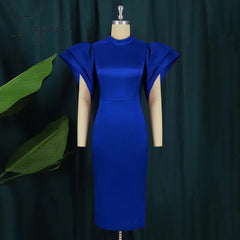 Ingvn - Elegant Women High Neck Dresses 2 Layered Bell Sleeve Back Cut Out Slim Fit Shiny Shimmer Cocktail Gowns Summer Big Size Clothes