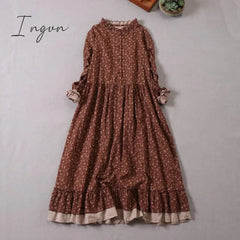 Ingvn - Japanese Mori girl art print dress autumn new floral dress loose long-sleeved dress