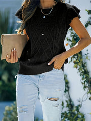 Solid Crew Neck Knit Sweater, Casual Ruffle Sleeve Sweater For For Spring & Fall, Women's Clothing