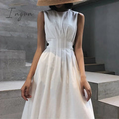 Ingvn - Summer Outfits Summer Women Solid Long Dress White Chic Elegant Casual Party O Neck Sleeveless Tank Female Waist Retraction Holiday Party Robe