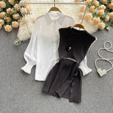 Ingvn - Spring Outfits Women Sleeve White Shirt Fashion Two Piece Suit Red Cotton Sweater Vest Lady Casual Preppy Style White Belt