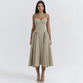 Spaghetti Strap Sleeveless A-line Midi Dress For Women Summer New Backless Pleated Slipdress Ladies Fashion Loose Dress