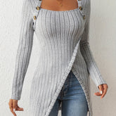 Button Decor Asymmetrical Hem T-Shirt, Casual Ribbed Long Sleeve Top For Spring & Fall, Women's Clothing