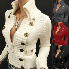 Voguable Vintage Sweater Women Button Desigan Long Sleeve Knitted Cardigan Jackets Autumn Fashion Knit Turtleneck Zipper Sweaters