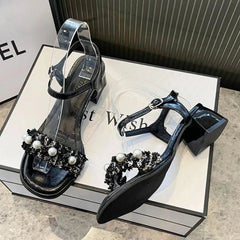 Sandals for Woman Thick Heel Block Women's Shoes Leather Summer One Word Open Toe Footwear Chunky Vip Sandal The Best