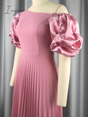 Ingvn - Long Party Dress for Women Classy Pink Cold Shoulder Ruched Sleeve Pleated A Line Flowy Maxi Evening Gowns for Brides Occaions