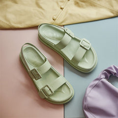 Meotina Shoes Women Buckle Genuine Leather Flat Sandals Round Toe Flat Platform Shoes Ladies Summer Causal Sandals White Size 9