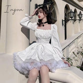 Ingvn - Womens New Trends White Lolita Dress Kawaii Vinatge Long Sleeve Mini Dresses Black Gothic Bandage Lace Patchwork Streetwear Square Collar