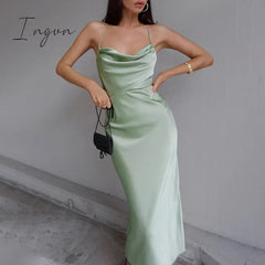 Ingvn - Purple Satin Midi Dress Summer Women Sexy Backless Sleeveless Pile Collar Spaghetti Strap Bandage Dress Woman Party Long Dresses