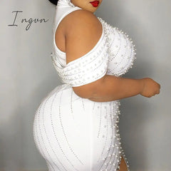 Ingvn - Beading White Plus Size Bodycon Dress 5xl Sexy Party Dinner Club Midi Dresses Elegant Split Female Evening Vestidos Summer