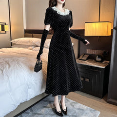 Elegant Fashion Velvet Black Midi Dresses for Women Autumn New Vintage Slim Casual Evening Birthday Party Female Clothing