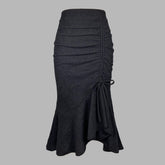 Solid Textured Drawstring Bodycon Skirt, Elegant High Waist Mermaid Hem Ruched Skirt, Women's Clothing