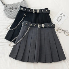 Ingvn - Black Pleated Skirt With Chain-Belt Punk Rock Girl Cheerleading Belted Mini Skirt Alt Women e-girl Outfit