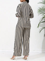 Chic Striped Print Two-Piece Outfit Set - Comfortable Button-Down Shirt & Flowy Wide Leg Pants - Casual Everyday Wear for Women