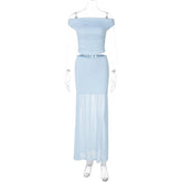 Blue Mesh Sexy Skirt Two Piece Sets Women Strapless Crop Tops And Maxi Skirt Ladies Fashion Elegant 2 Piece Sets