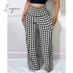 Ingvn - Women Houndstooth Print High Waist Pants Autumn Casual Long Pants Loungewear Women Clothes One Piece Suit Female