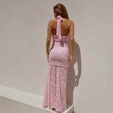 Halter Lace Draped Ruched Sexy Maxi Dress Women 2025 Summer Patchwork Backless Slit Slim Long Dress Female Vacation Beach Dress