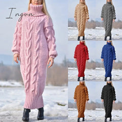 Ingvn - Sweater Dress Women Long Sleeve High Neck Knitted Pullover Dress Soft Warm Solid Color Oversize Bodycon Jumper Female Dress