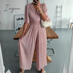 Ingvn - Women V Neck Short Sleeve Office Romper Elegant Casual Solid Color Long Jumpsuits Fashion Simple Elastic Waisted Pleated Rompers