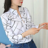 Ingvn - Plus Size Women White Tops and Blouses Fashion Stripe Print Casual Long Sleeve Office Lady Work Shirts Female Slim Blusas