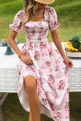 Ingvn - Floral Square Neck Flounce Sleeve Midi Dress