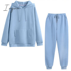 Ingvn - Autumn Hoodies Women Two Piece Set Solid Fleece Oversized Tracksuits Winter Thick Warm Hooded Sweatshirt Jogger Pants Suit