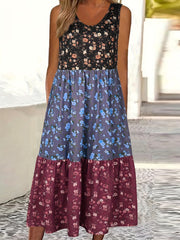 Fashionable Color Block Floral Print Tank Dress - Stylish Crew Neck, Flouncy Tiered Ruffles, Sleeveless - Versatile Casual Womens Summer Wear
