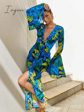 Ingvn - Ruffle Tie Dye Printed Holiday Dress For Women Flare Sleeve Button Ve Neck Summer Beach Vacation Dresses Seaside Party Robe