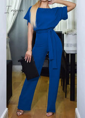 Ingvn - Women Summer Jumpsuit Short Sleeve Elegant jumpsuit Long wide leg Pants High waist Casual Bodysuit Plus Size Overalls Loose
