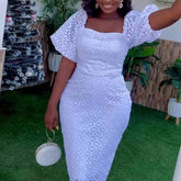 Ingvn - Women's Vintage White Lace Dress Chic Square Neck Puff Sleeve Summer Elegant Wedding Guest Cocktial Birthday Clothes XXXL