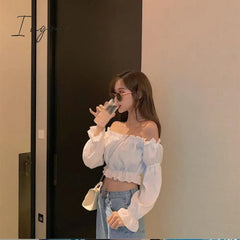Ingvn - Women Top Sexy Blouse Off Shoulder Top Long Sleeve Club Party White Shirt Puff Sleeve Ruffle Crop Top Summer Tube Top