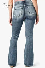 Ingvn- Casual Vintage Solid Make Old Mid Waist Regular Denim Jeans