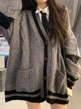Ingvn - Cardigan Winter Grey Striped Knitted Sweater Cardigan Women Korean Fashion Style Harajuku Oversize Cardigan Preppy Female Coat