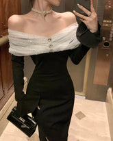 Luxury Smart Evening Midi Dresses Women Autumn New Korean Black Long Sleeve Bodycon Elegant Wedding Party Female Clothing