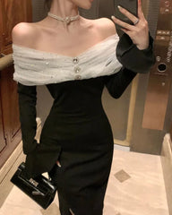 Luxury Smart Evening Midi Dresses Women Autumn New Korean Black Long Sleeve Bodycon Elegant Wedding Party Female Clothing