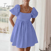 Ingvn - Vintage Casual Short Dress Summer Women Puff Sleeve A Line Dresses High Waist Square Collar Linen Ladies Dress Khaki