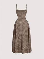 Vintage Beige Plaid Midi Dress for Women with Front Right Side Ruched Tie Detail - Sleeveless, Polyester, Machine Washable - Ideal for Spring/Summer/Fall