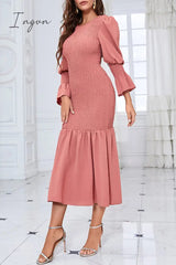 Ingvn - Elegant Solid Fold O Neck Wrapped Skirt Dresses