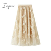 Ingvn - Luxury Woman Skirts Korean style Fashion Elastic Waist Appliques Embroidery Floral Mesh Skirt Long Gauze Ball Gown Skirt