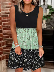 Boho Chic Floral Print Tank Dress - Color Block Crew Neck - Flowy Sleeveless for Summer - Fashionable Womens Clothing