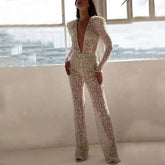 The new women's sexy long-sleeved, deep-v silver sequin two-piece party dress pant jumpsuit