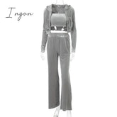 Ingvn - Velvet Women 3 Piece Set Hoodie Sweatshirt Zipper Tube Crop Top High Waist Wide Leg Pants Tracksuit Sporty Casual Outfit