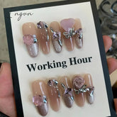 10Pcs Handmade Nails Set Press on Long Almond False Nail with Rhinestone Pink Camellia Design Reusable Full Cover Fake Nail Tips