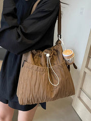 Ingvn Simple Pleated Women's Shoulder Bag Soft Nylon Ladies Crossbody Bags Vintage Large Capacity Female Tote Drawstring Handbags