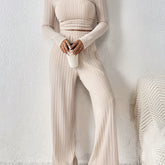Women'S Fashion Set, Long Sleeve Round Neck Crop Top with Wide Leg Pants, Solid Color, Polyester Knit, Autumn/Winter Collection