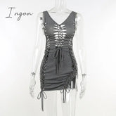 Ingvn - Dark Gray Hollow Out Mini Dress Sexy Drawstring Bandage Backless Summer Dresses for Women 2023 Birthday Party Clubwear